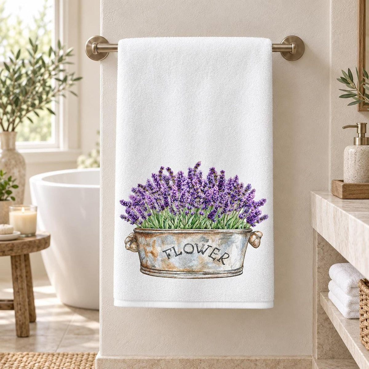 Lavender Bath Towel, 24 × 42 Inch Cotton Terry Farmhouse Floral Accent