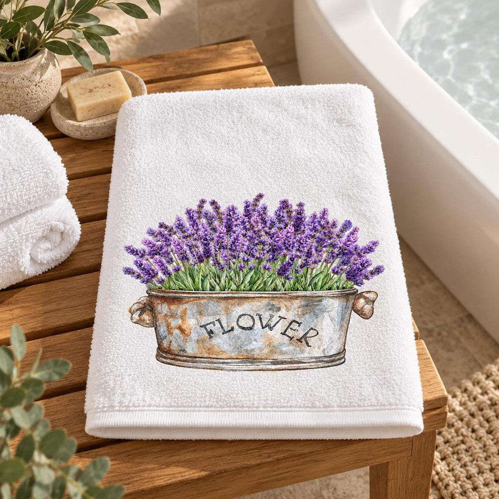 Lavender Bath Towel, 24 × 42 Inch Cotton Terry Farmhouse Floral Accent