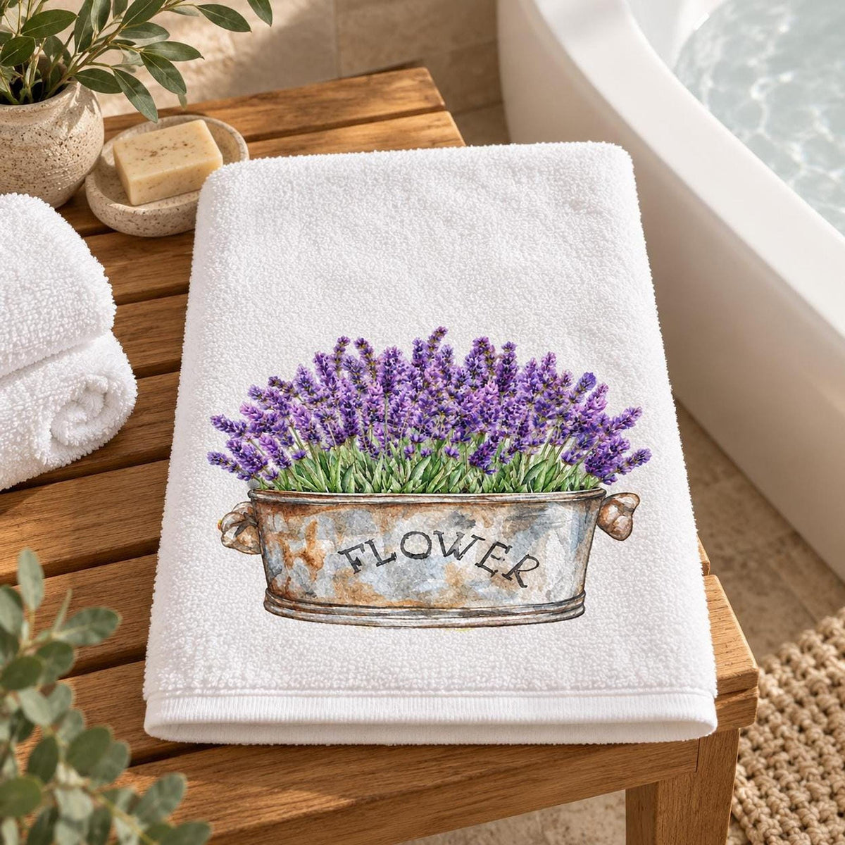 Lavender Bath Towel, 24 × 42 Inch Cotton Terry Farmhouse Floral Accent