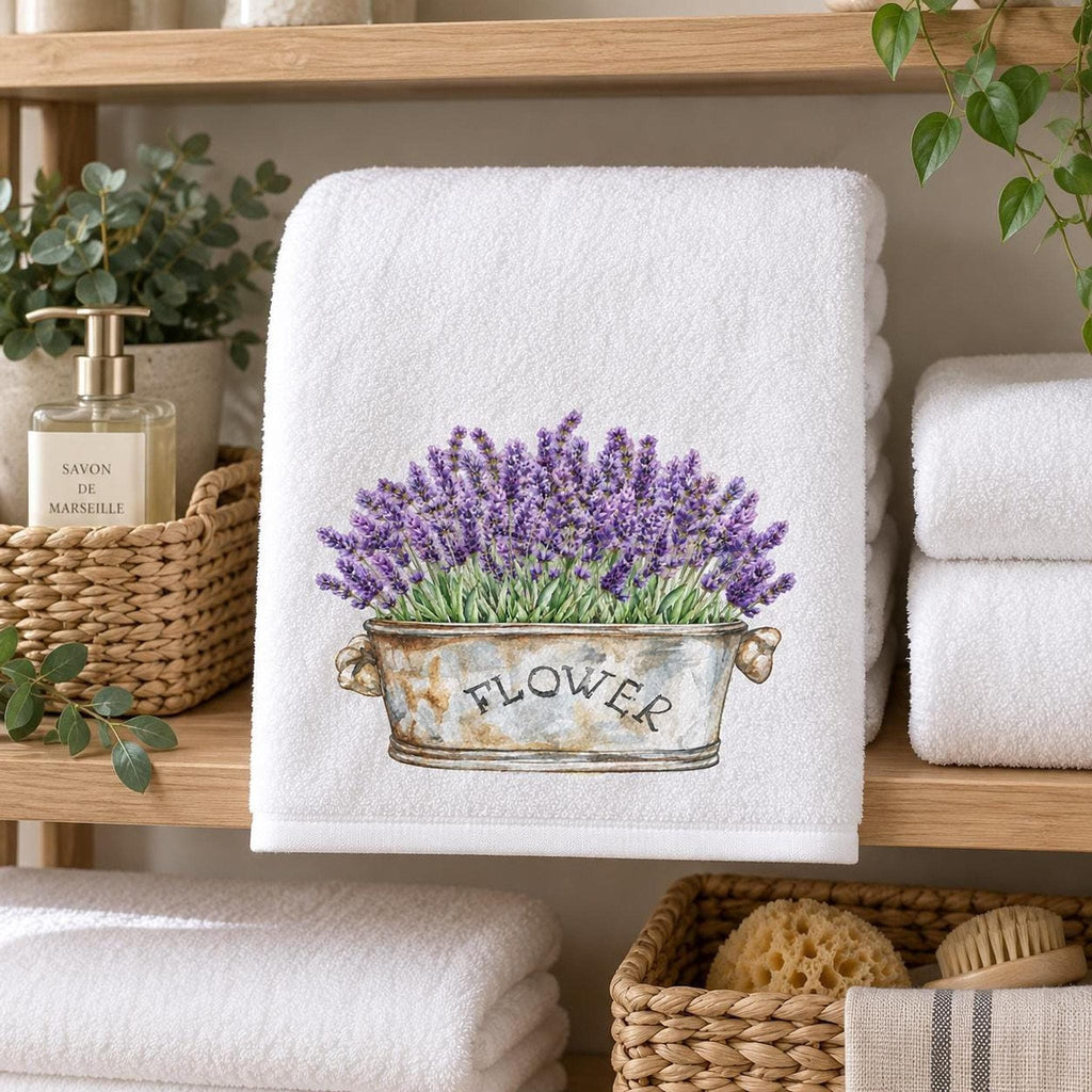 Lavender Bath Towel, 24 × 42 Inch Cotton Terry Farmhouse Floral Accent