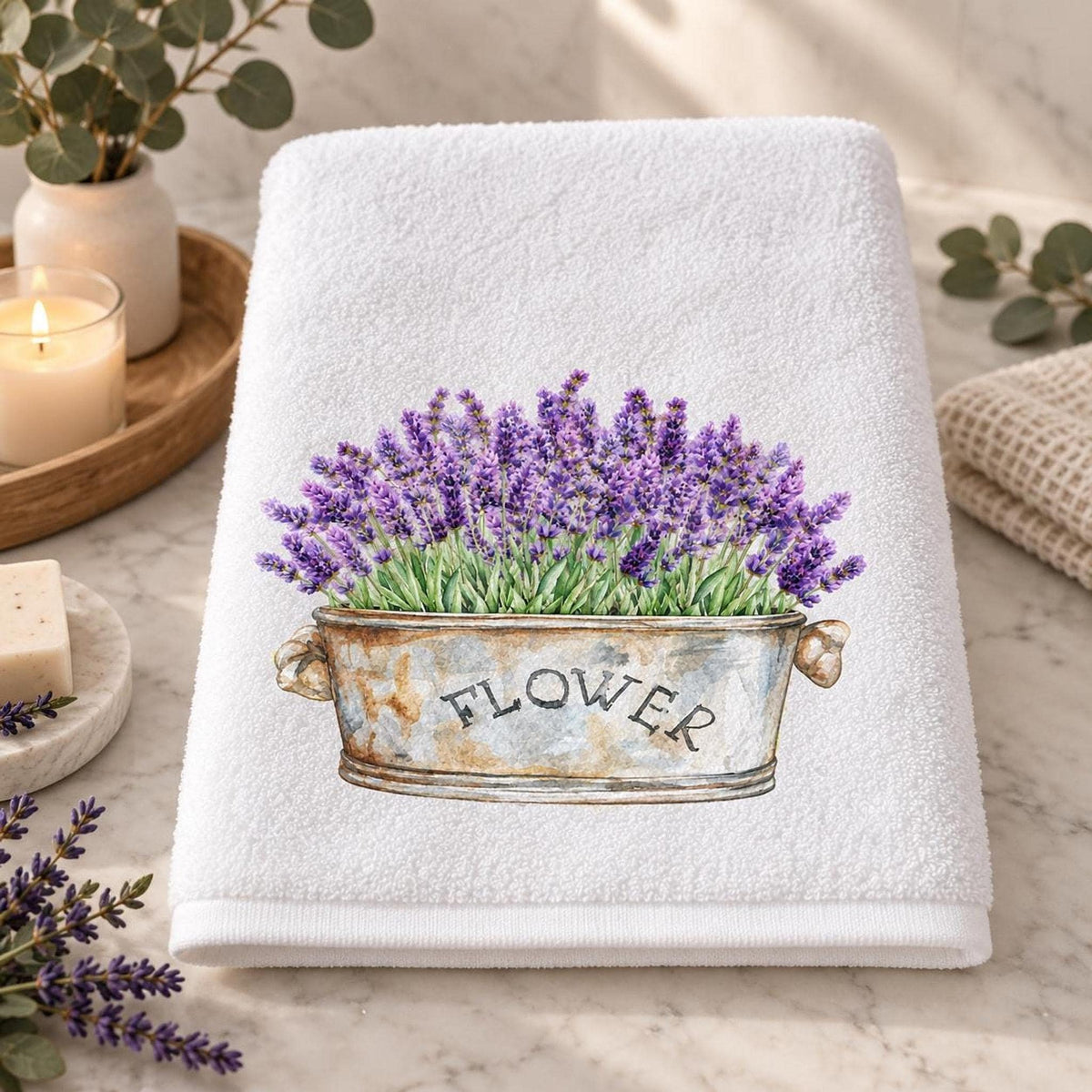 Lavender Bath Towel, 24 × 42 Inch Cotton Terry Farmhouse Floral Accent