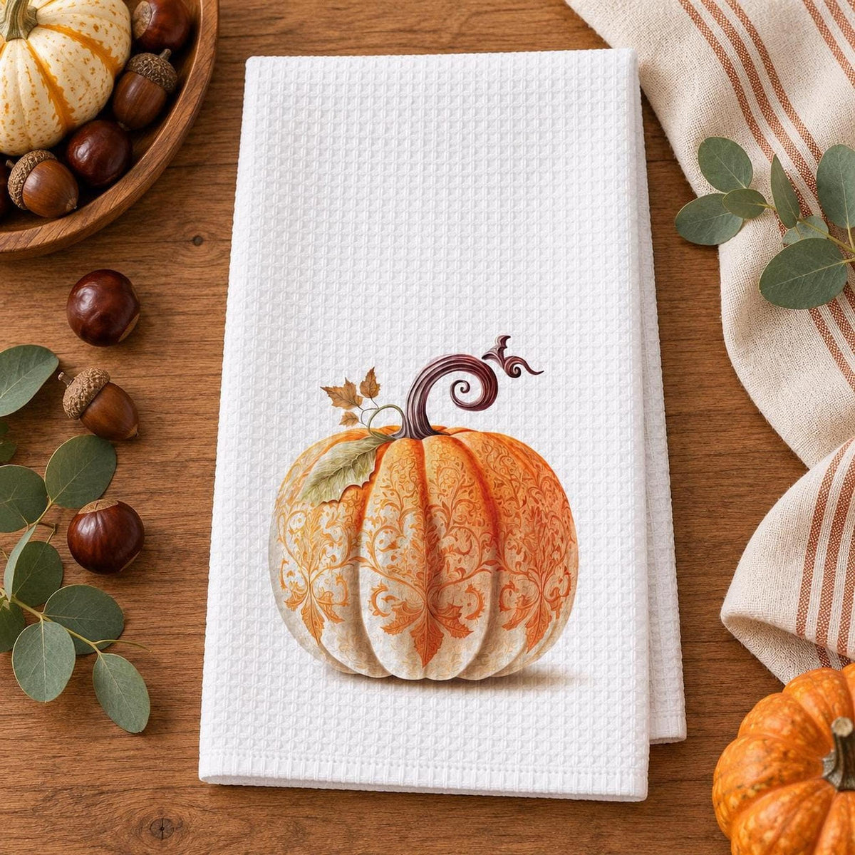 Fall Kitchen Towel, Ornate Pumpkin Waffle Tea 15 × 25 Inch