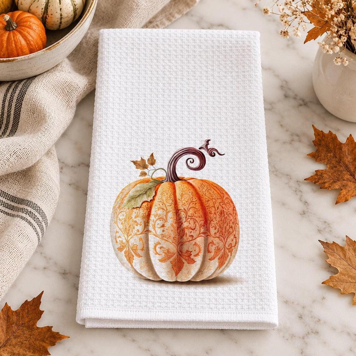 Fall Kitchen Towel, Ornate Pumpkin Waffle Tea 15 × 25 Inch