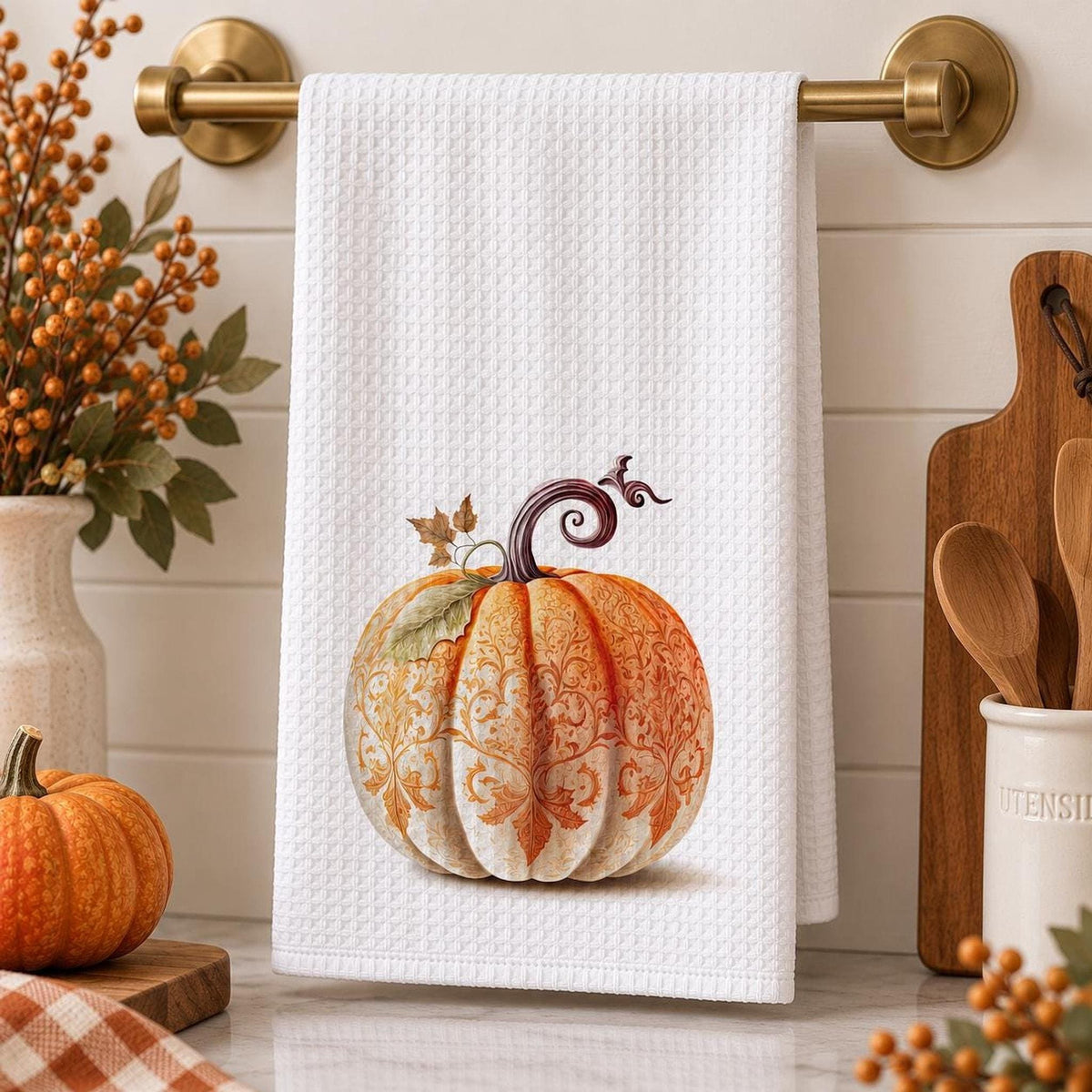 Fall Kitchen Towel, Ornate Pumpkin Waffle Tea 15 × 25 Inch