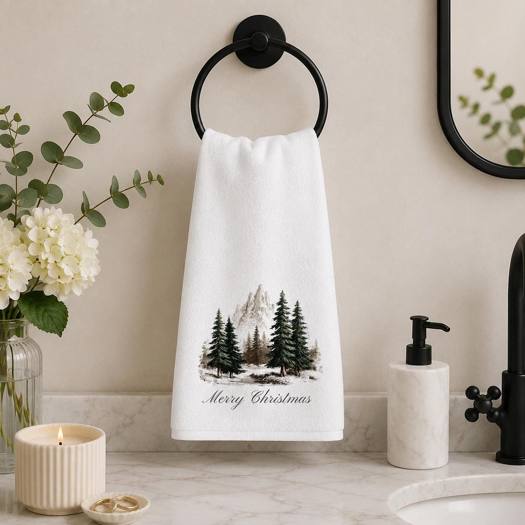 Christmas Hand Towel, 15 × 25 Inch Sheared Polyester Snowy Mountain Design
