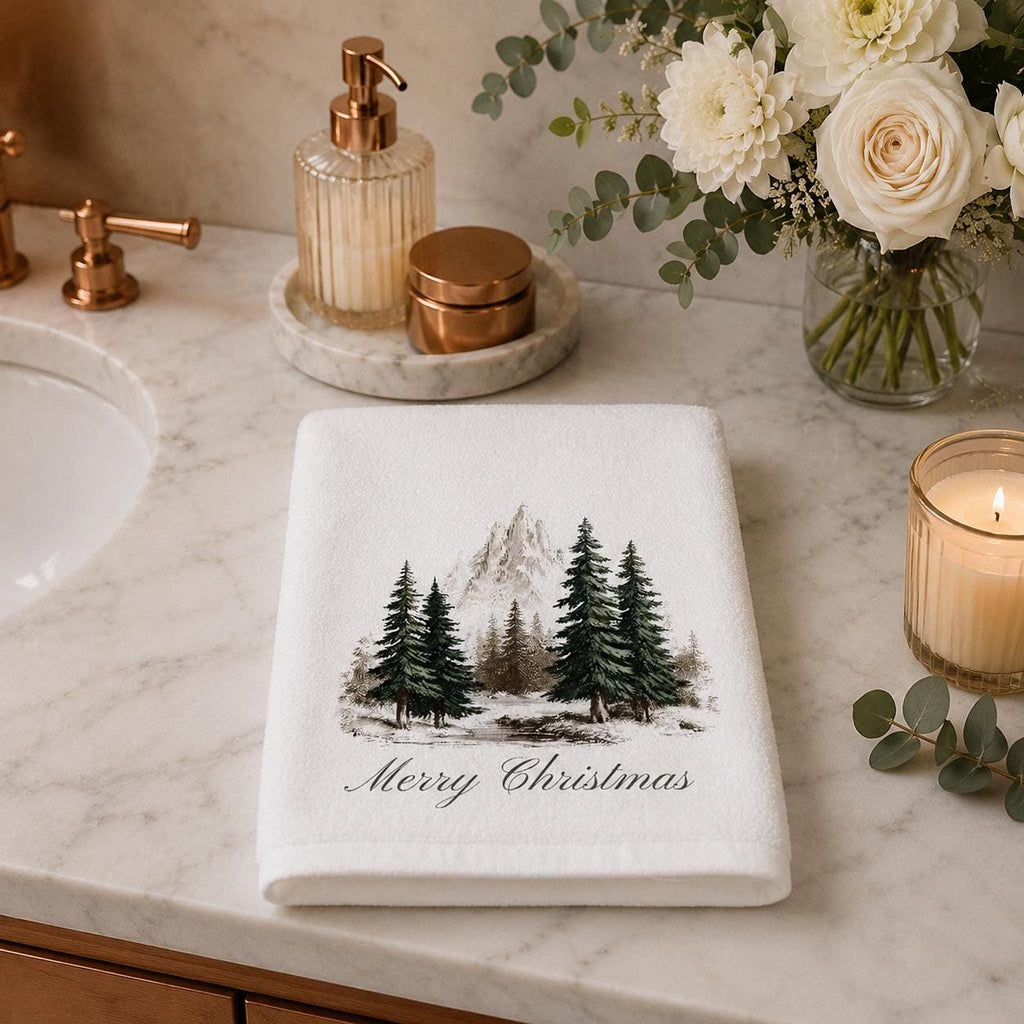 Christmas Hand Towel, 15 × 25 Inch Sheared Polyester Snowy Mountain Design