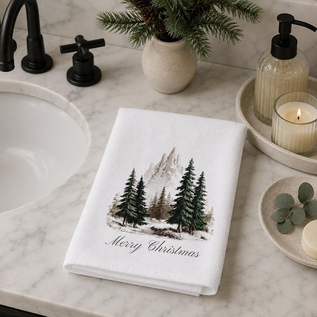 Christmas Hand Towel, 15 × 25 Inch Sheared Polyester Snowy Mountain Design
