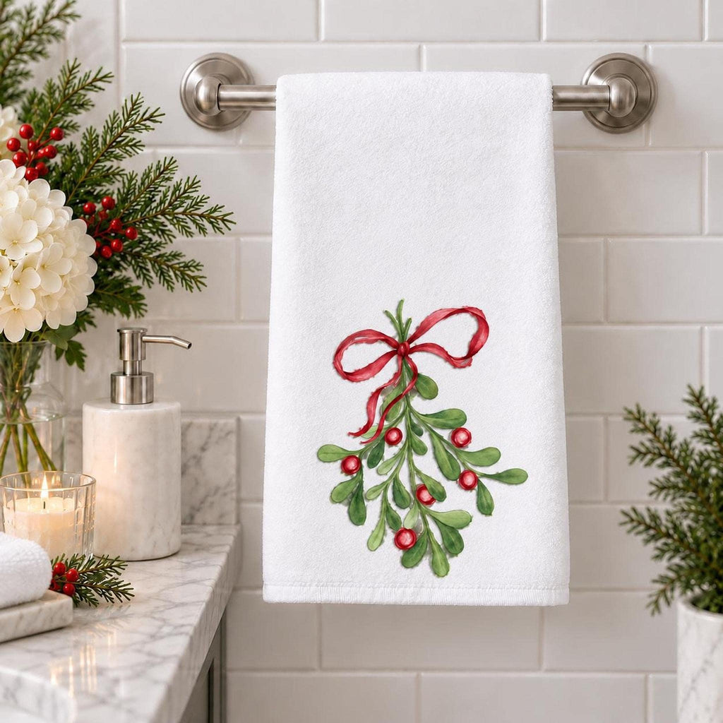 Mistletoe Hand Towel, 15x25 White Polyester With Cotton Terry Back