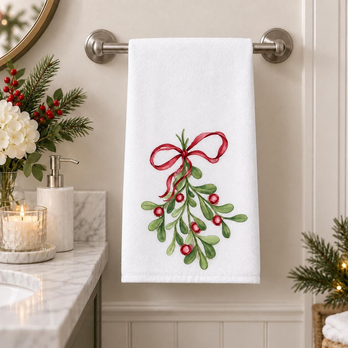 Mistletoe Hand Towel, 15x25 White Polyester With Cotton Terry Back