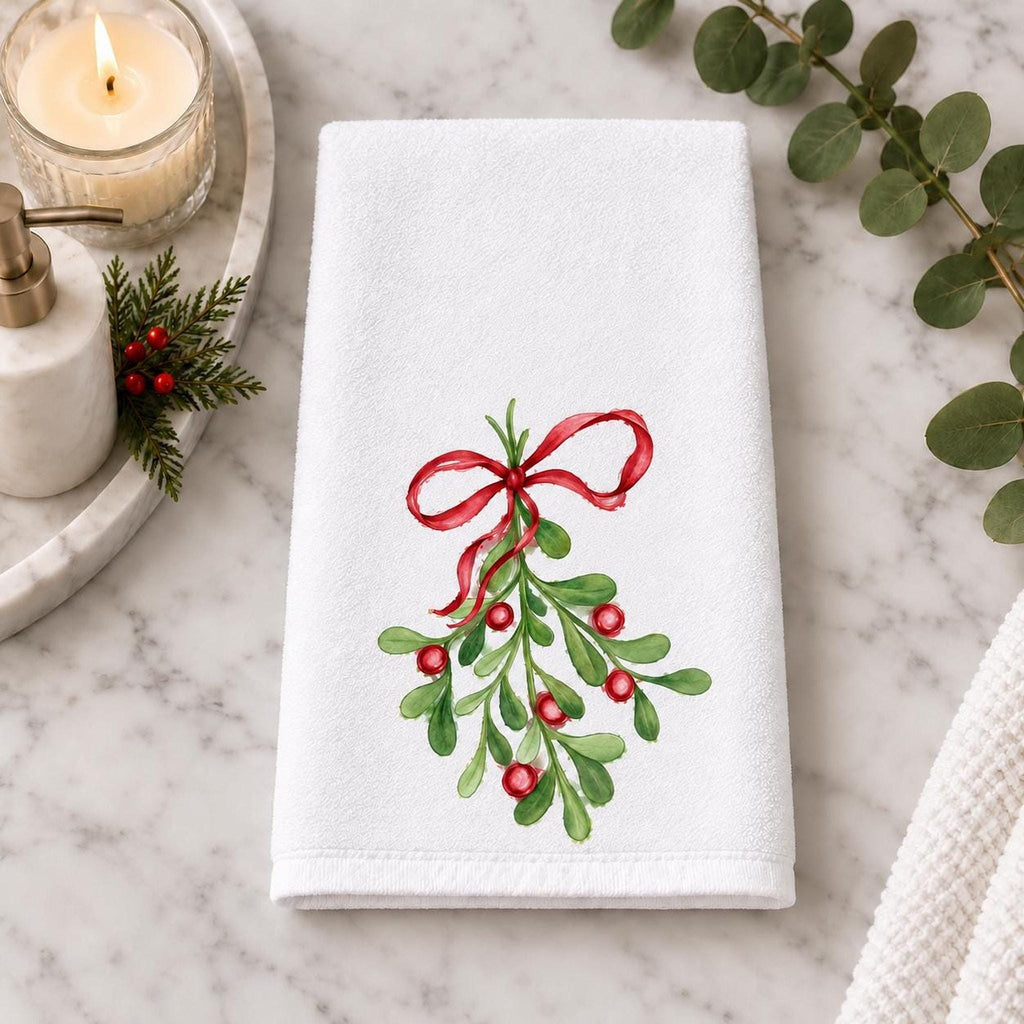 Mistletoe Hand Towel, 15x25 White Polyester With Cotton Terry Back