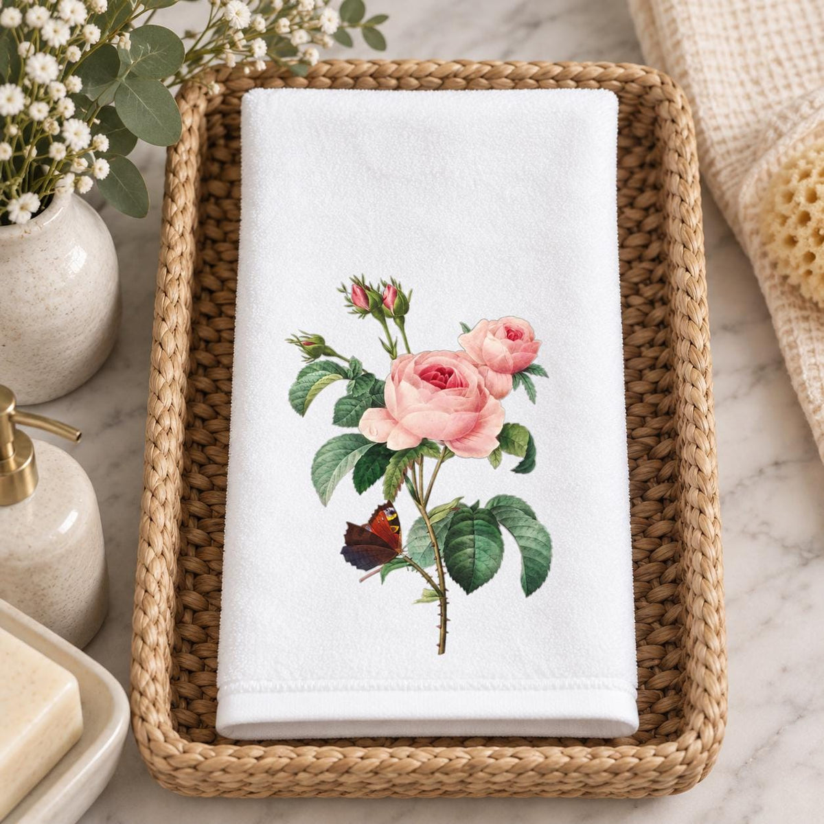 Vintage Rose Butterfly Fingertip Towel, Botanical Guest Bath Decor, Floral Powder Room Accent