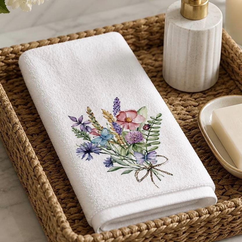 Wildflower Fingertip Towel, Floral Guest Bath Decor, Botanical Powder Room Linen