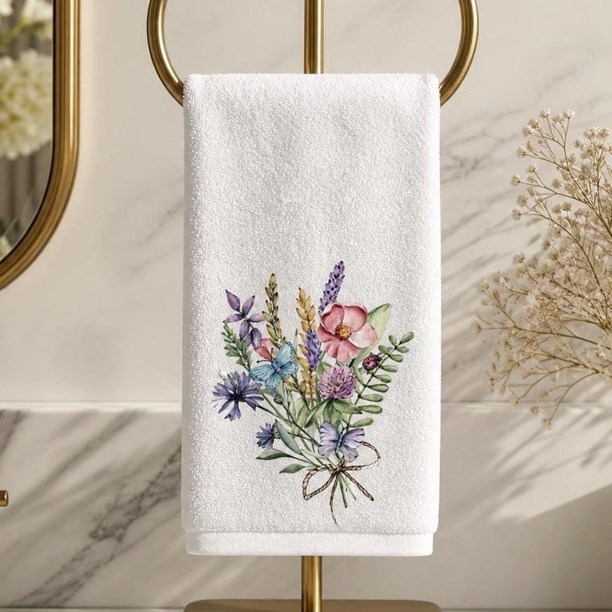 Wildflower Fingertip Towel, Floral Guest Bath Decor, Botanical Powder Room Linen