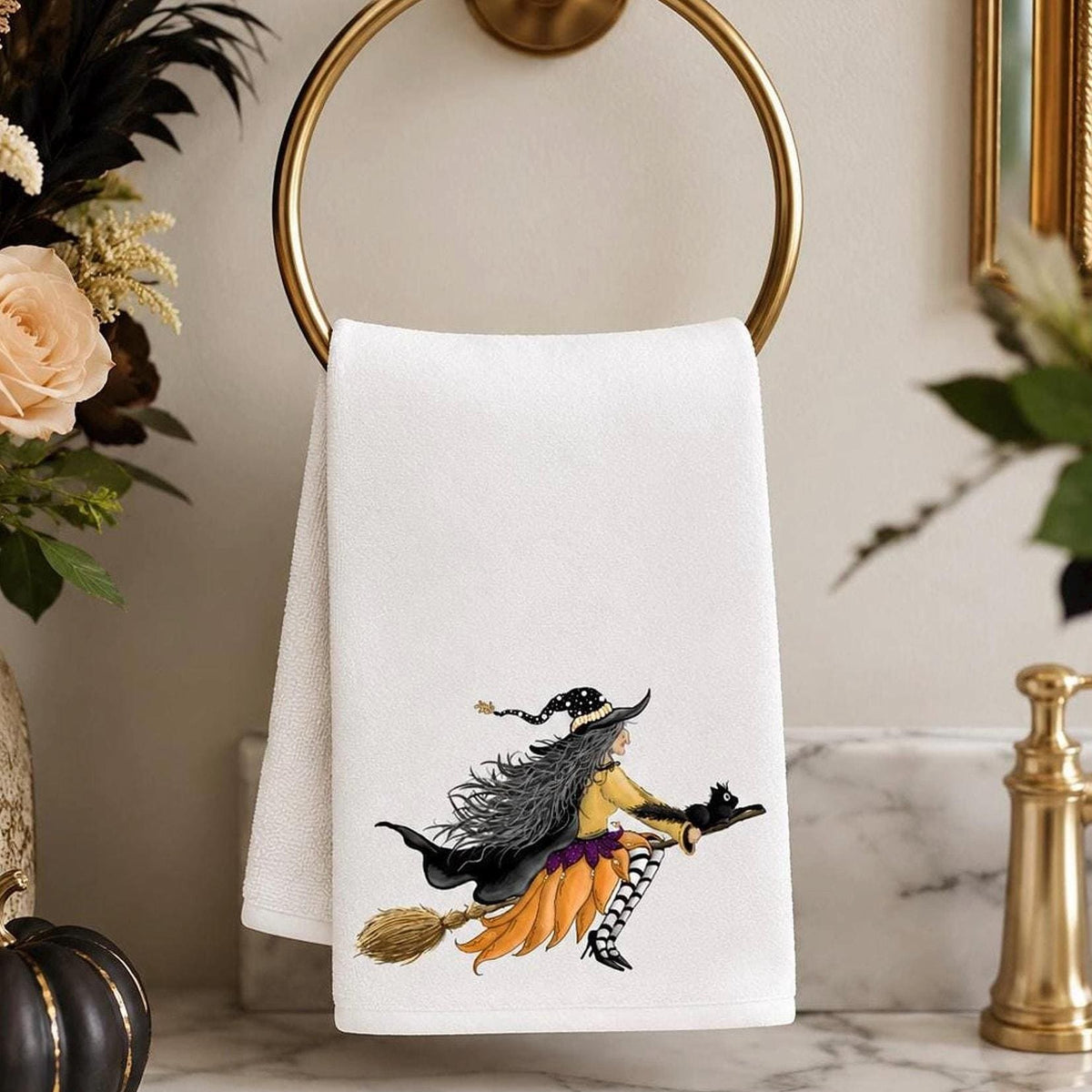 Witch Towel with Whimsical Artwork, Halloween Fingertip for Guest Bath