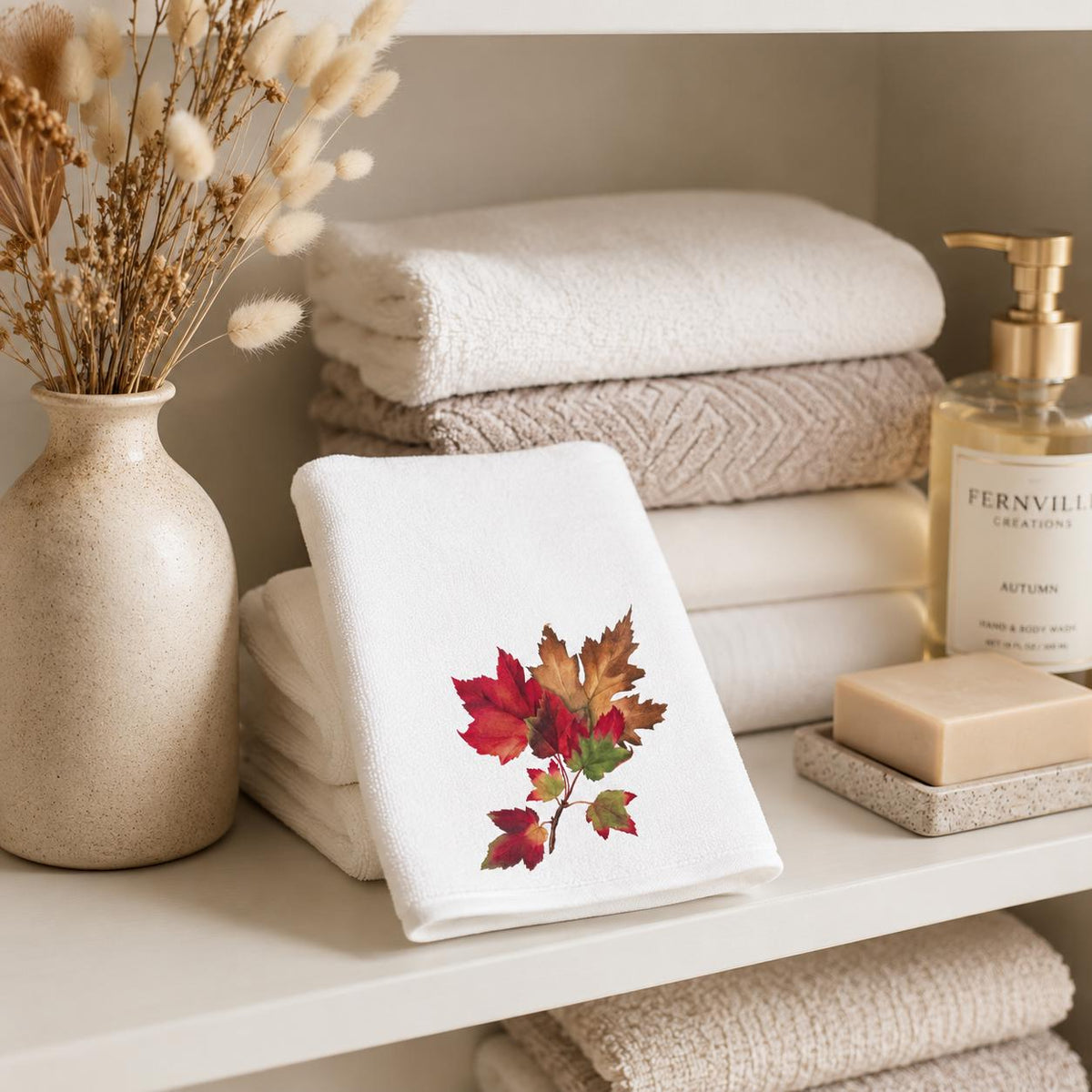 Fall Maple Leaf Fingertip Towel, Autumn Guest Bath Decor, Seasonal Hostess Gift