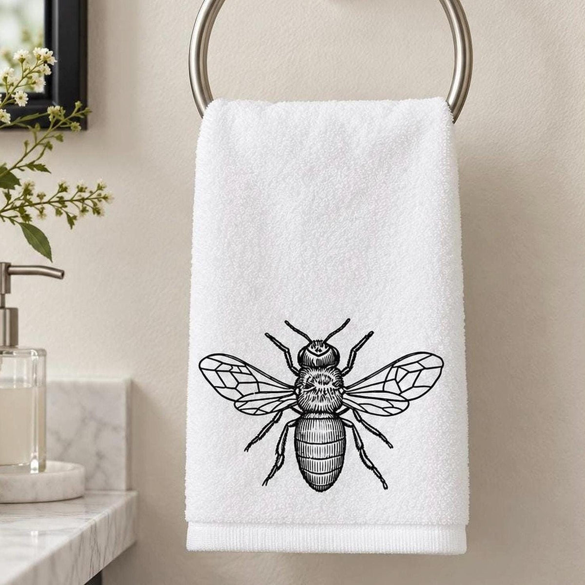 Bee Fingertip Towel, Black White Guest Bath Decor, 11 × 18 Inch Cotton Terry