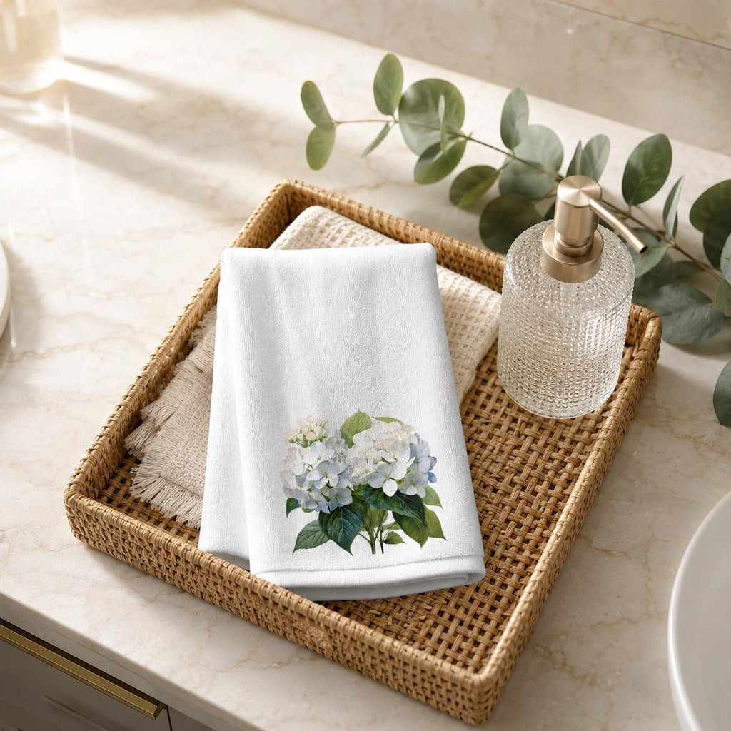 Hydrangea Fingertip Towel, White Floral Guest Bath Decor, Powder Room Accent