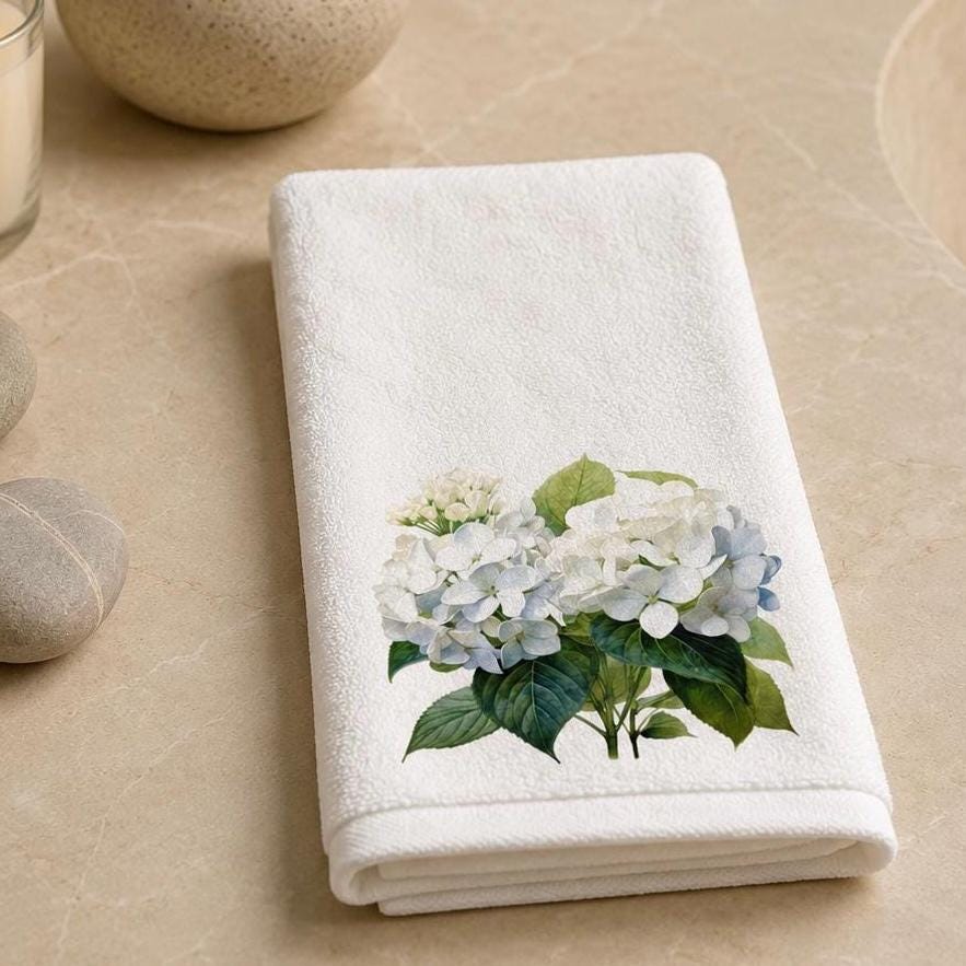 Hydrangea Fingertip Towel, White Floral Guest Bath Decor, Powder Room Accent