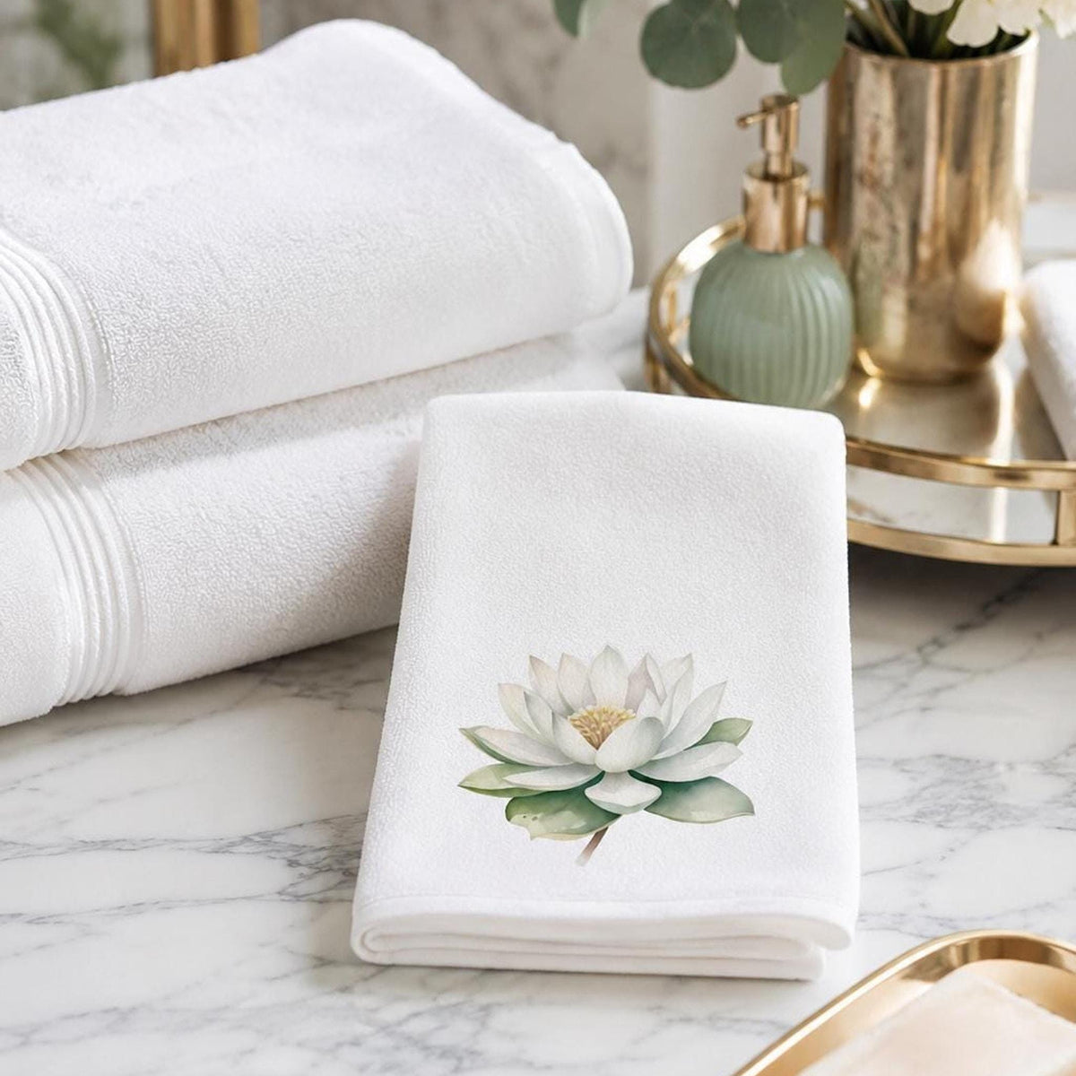 White Lotus Fingertip Towel, Botanical Guest Bath Decor, Spa Floral Accent, Wellness Gift