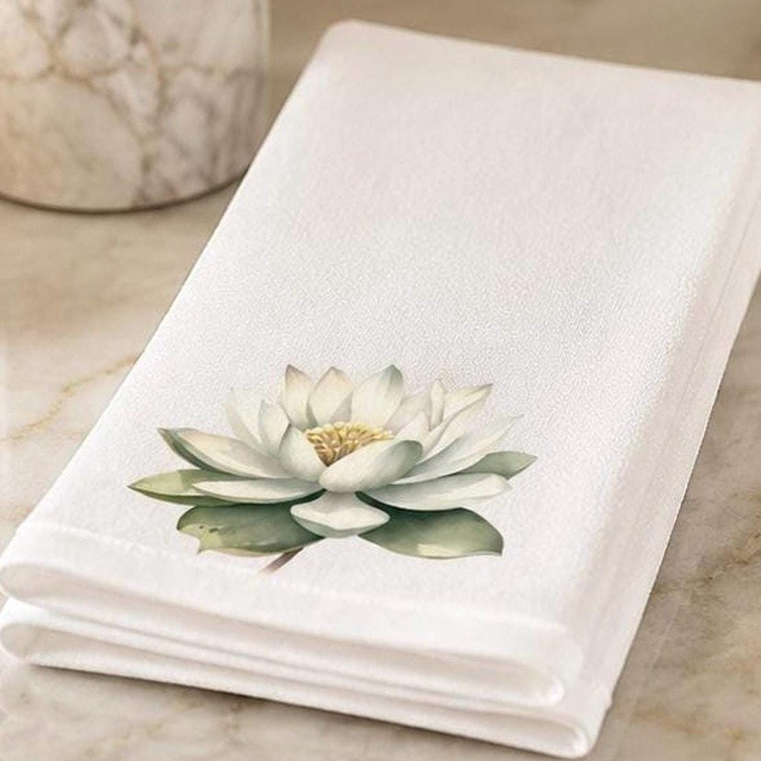 White Lotus Fingertip Towel, Botanical Guest Bath Decor, Spa Floral Accent, Wellness Gift