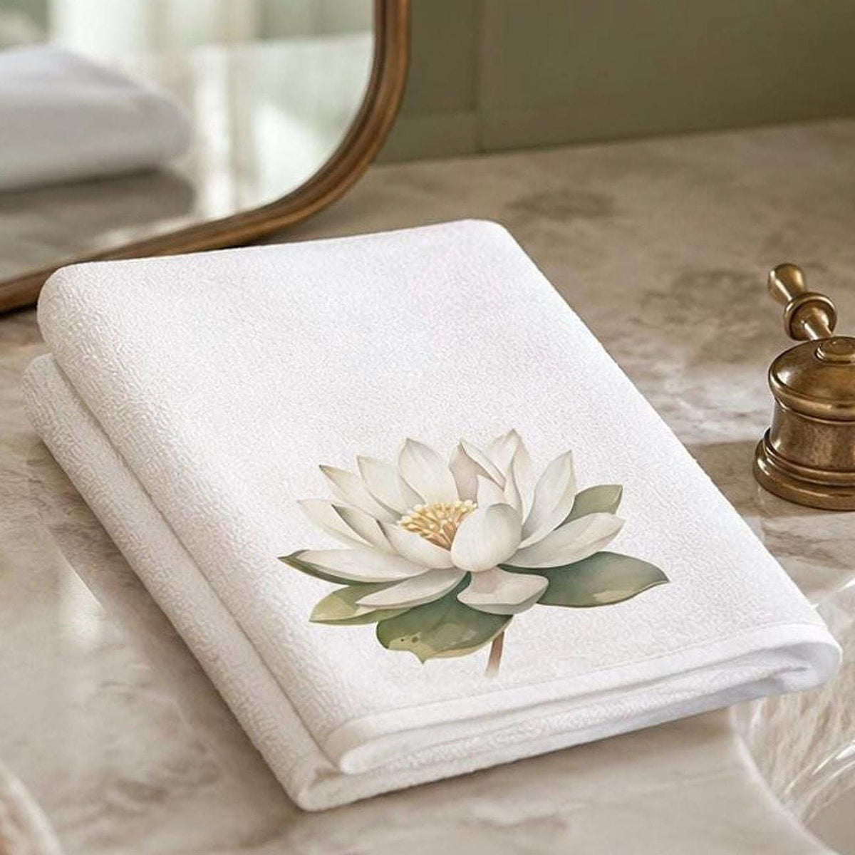 White Lotus Fingertip Towel, Botanical Guest Bath Decor, Spa Floral Accent, Wellness Gift