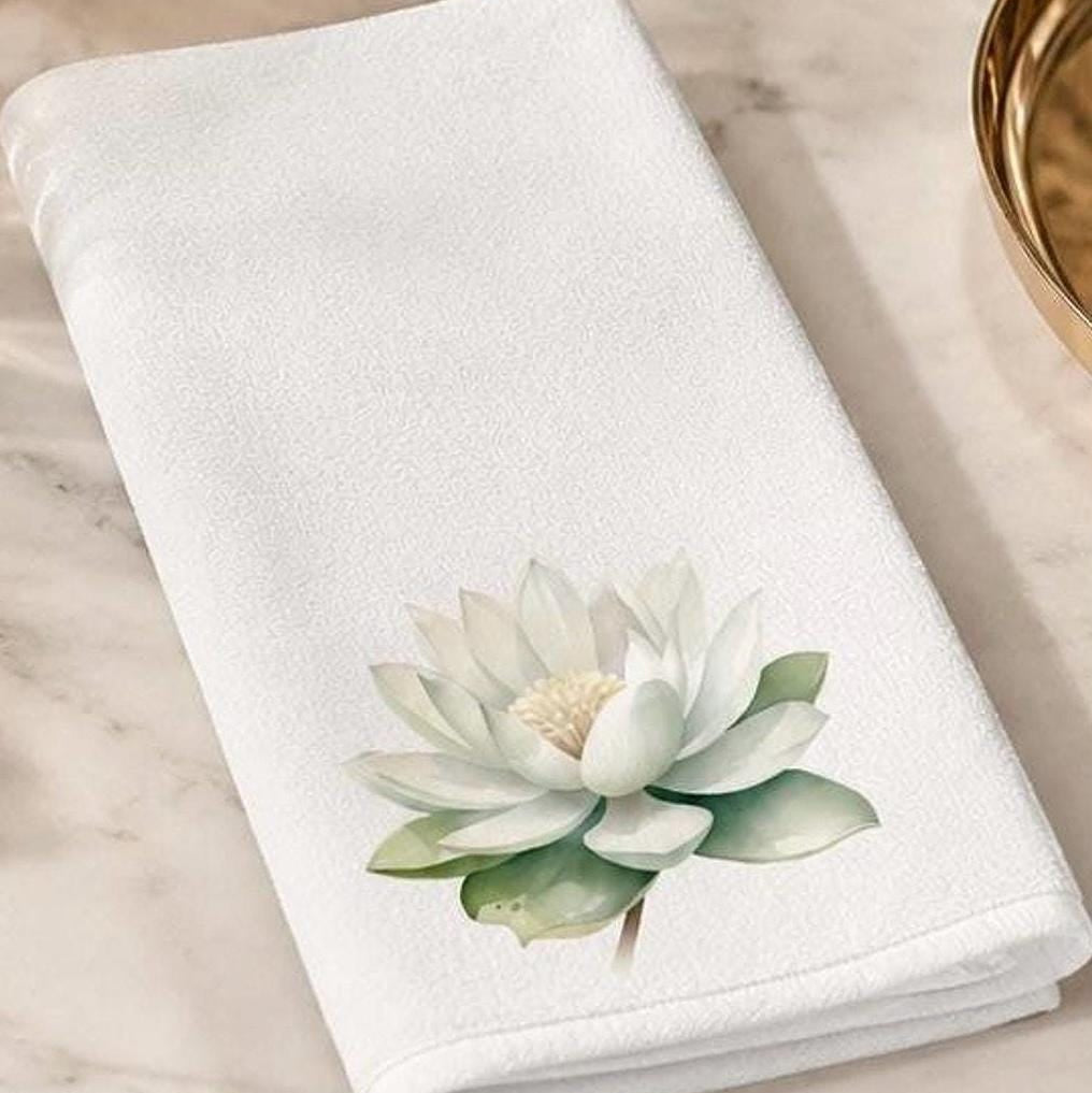 White Lotus Fingertip Towel, Botanical Guest Bath Decor, Spa Floral Accent, Wellness Gift