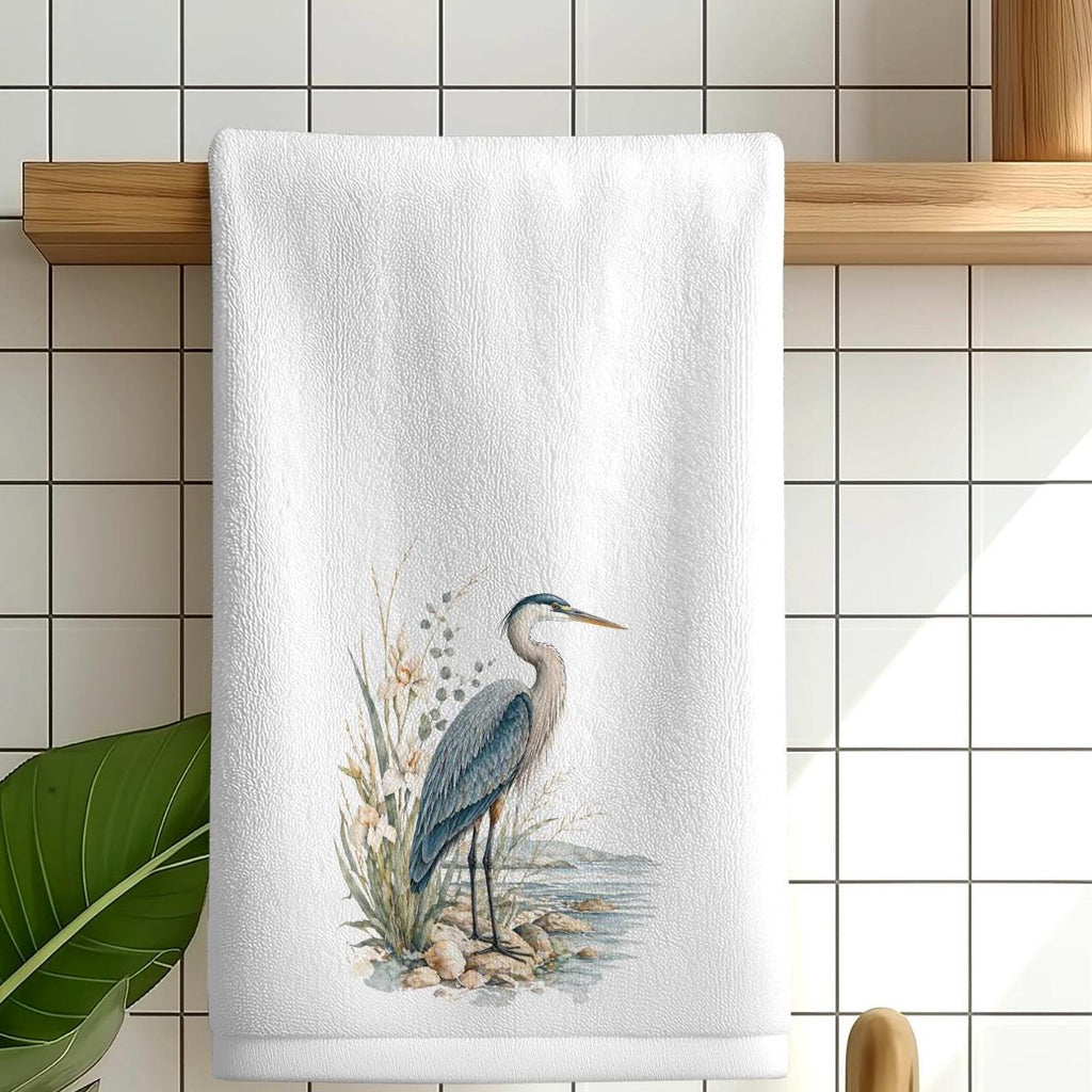 Blue Heron Fingertip Towel, Coastal Guest Bath Decor, Seaside Bird Powder Room Accent