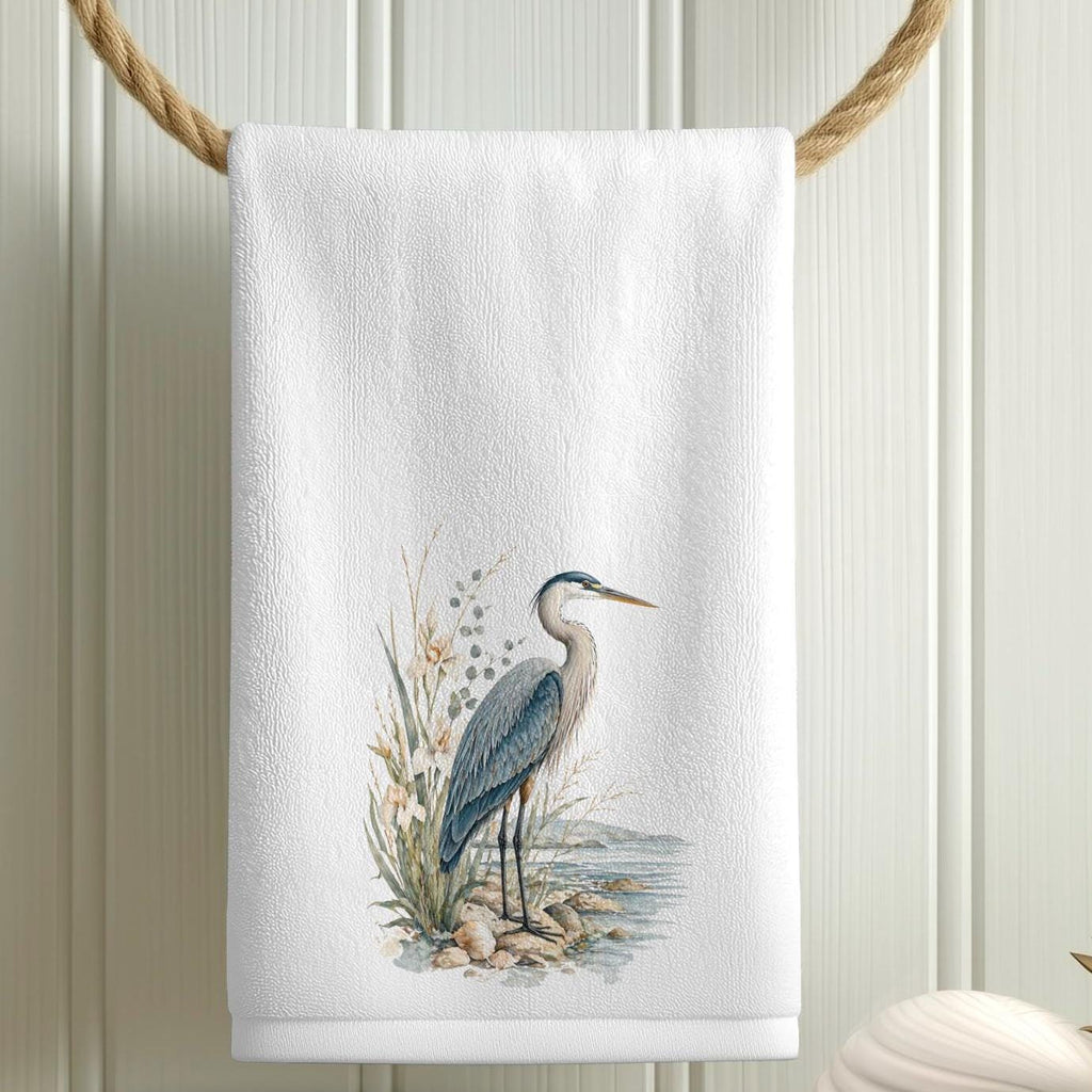 Blue Heron Fingertip Towel, Coastal Guest Bath Decor, Seaside Bird Powder Room Accent