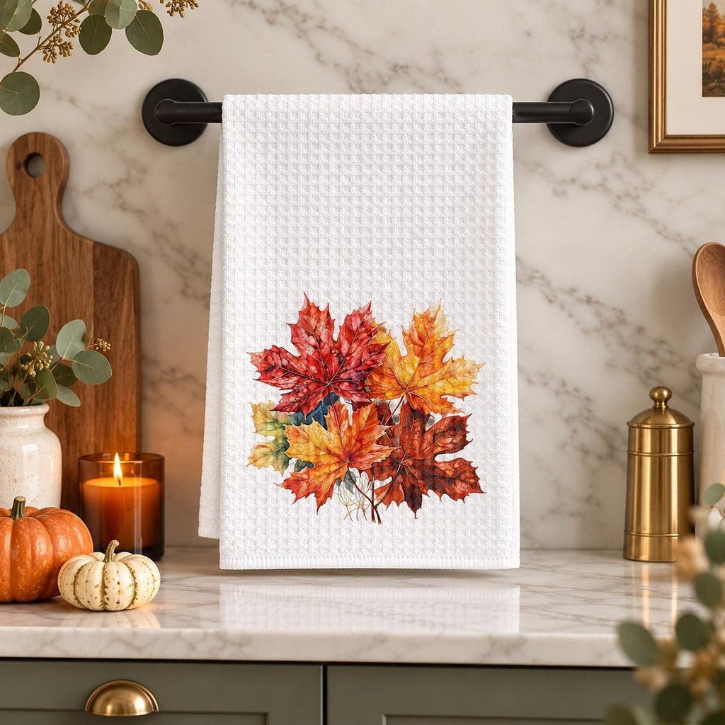 Waffle Kitchen Towel, White Microfiber Maple Leaf Fall Tea