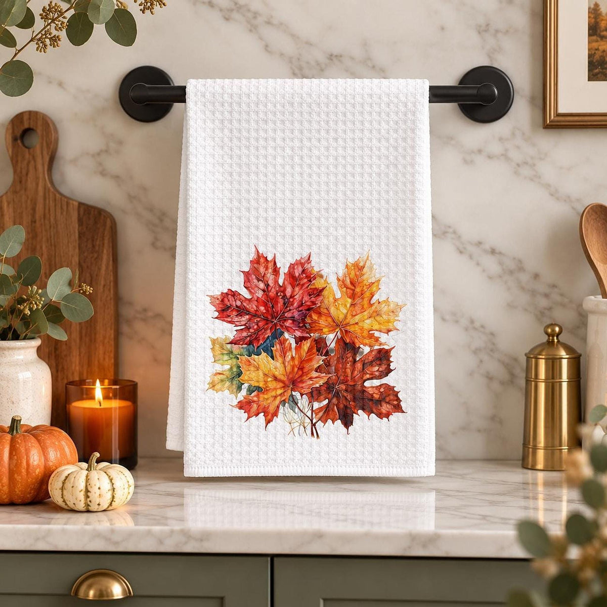 Waffle Kitchen Towel, White Microfiber Maple Leaf Fall Tea