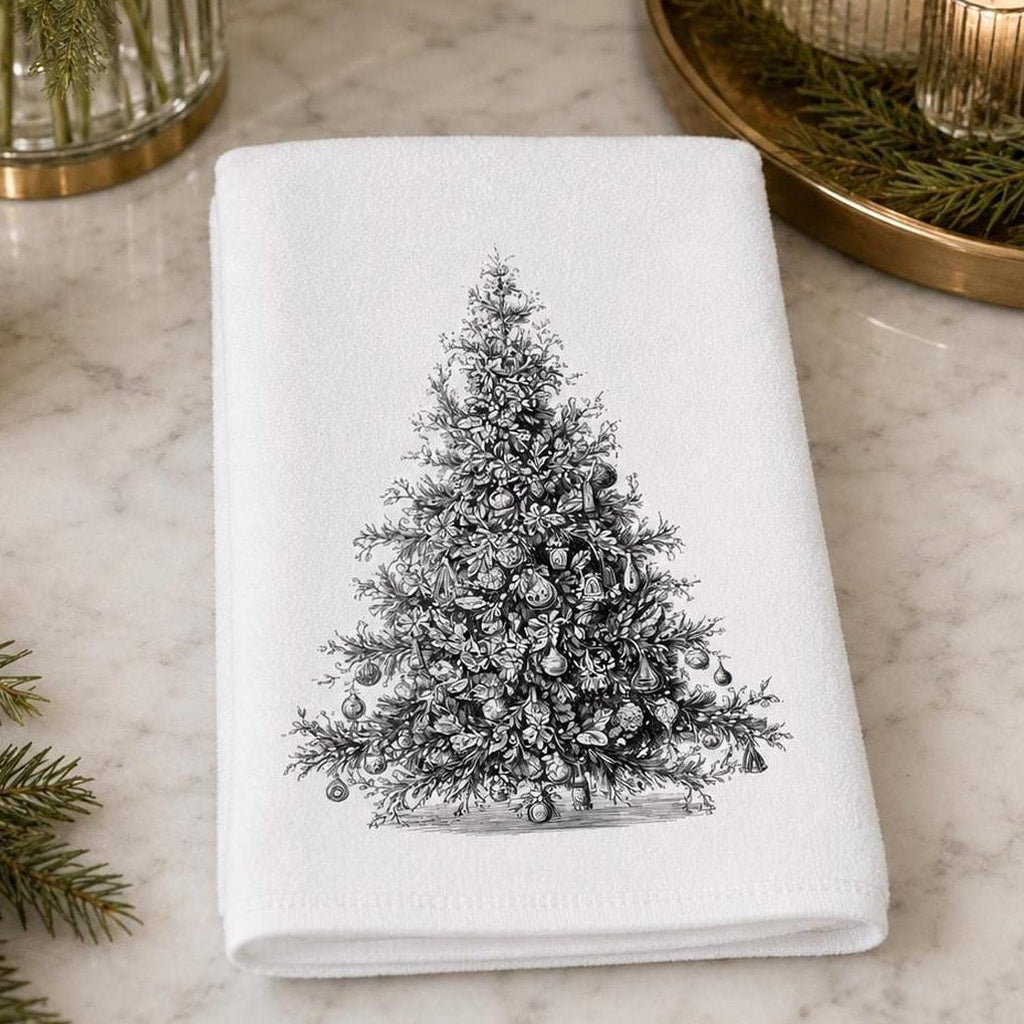 Christmas Hand Towel, Black And White Tree Art, 15 × 25-Inch Powder Room Decor