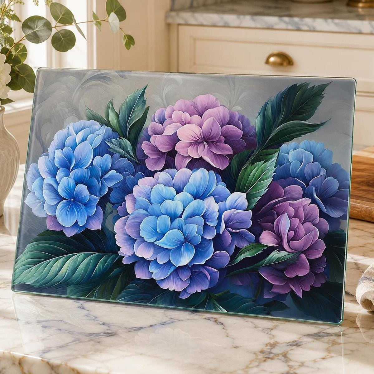 Hydrangea Glass Cutting Board, Floral Serving Tray with Tempered