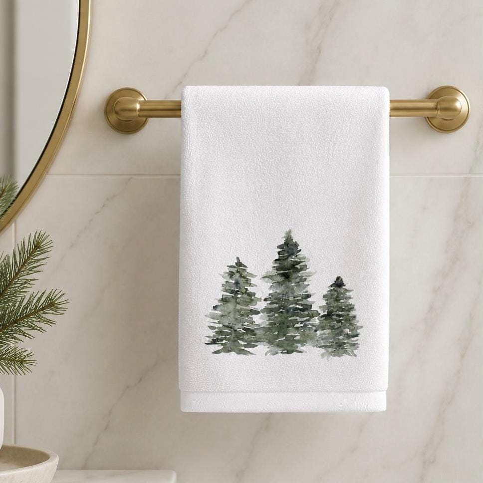 Evergreen Tree Fingertip Towel, Winter Guest Bath Decor, Pine Forest Powder Room Towel