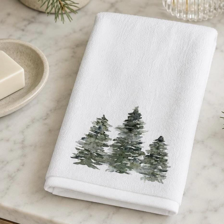 Evergreen Tree Fingertip Towel, Winter Guest Bath Decor, Pine Forest Powder Room Towel
