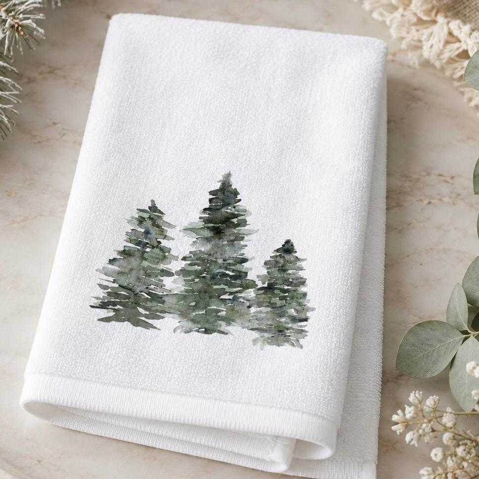 Evergreen Tree Fingertip Towel, Winter Guest Bath Decor, Pine Forest Powder Room Towel