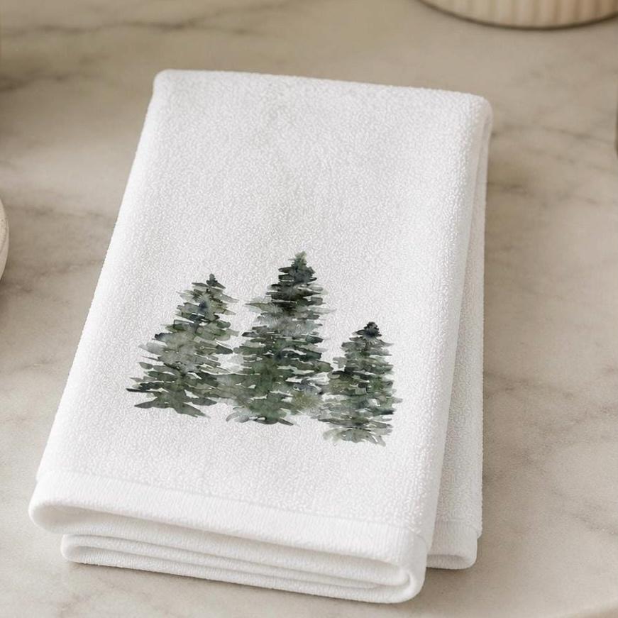 Evergreen Tree Fingertip Towel, Winter Guest Bath Decor, Pine Forest Powder Room Towel
