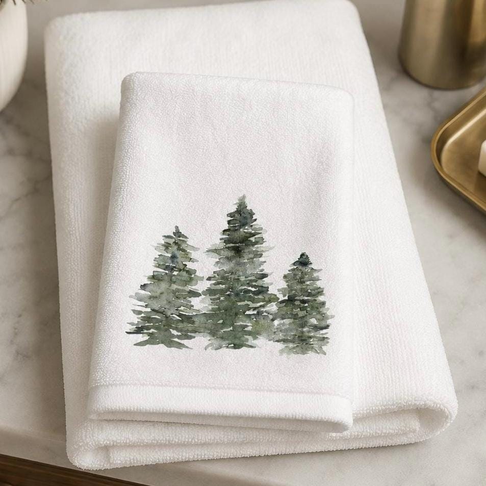 Evergreen Tree Fingertip Towel, Winter Guest Bath Decor, Pine Forest Powder Room Towel