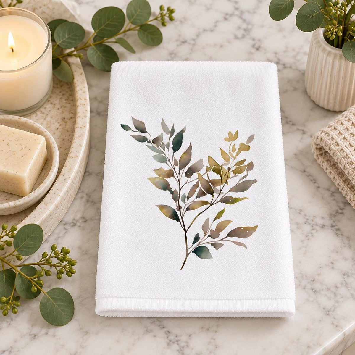 Botanical Towel, White Cotton Terrycloth Guest Bathroom Accent