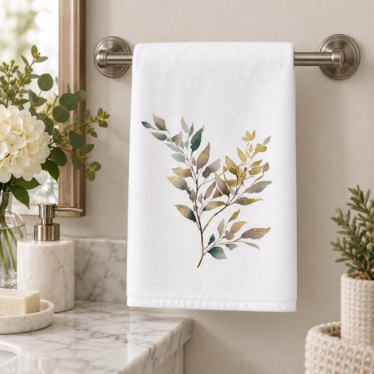 Botanical Towel, White Cotton Terrycloth Guest Bathroom Accent