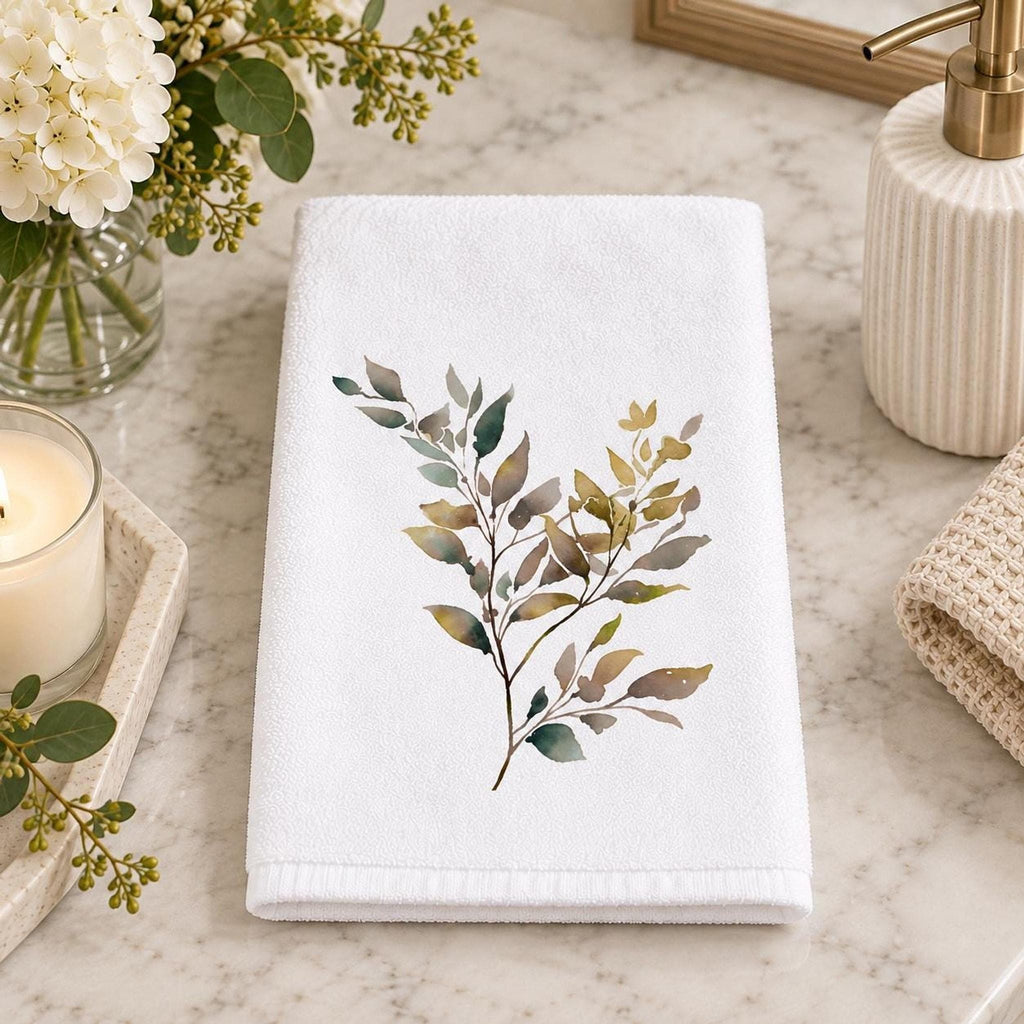 Botanical Towel, White Cotton Terrycloth Guest Bathroom Accent