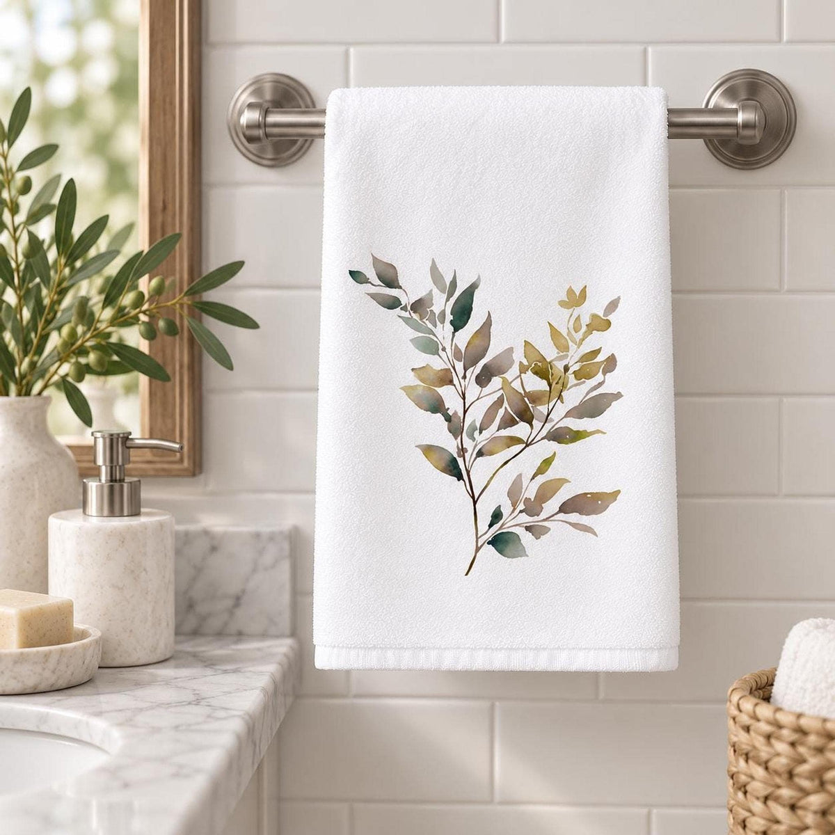 Botanical Towel, White Cotton Terrycloth Guest Bathroom Accent