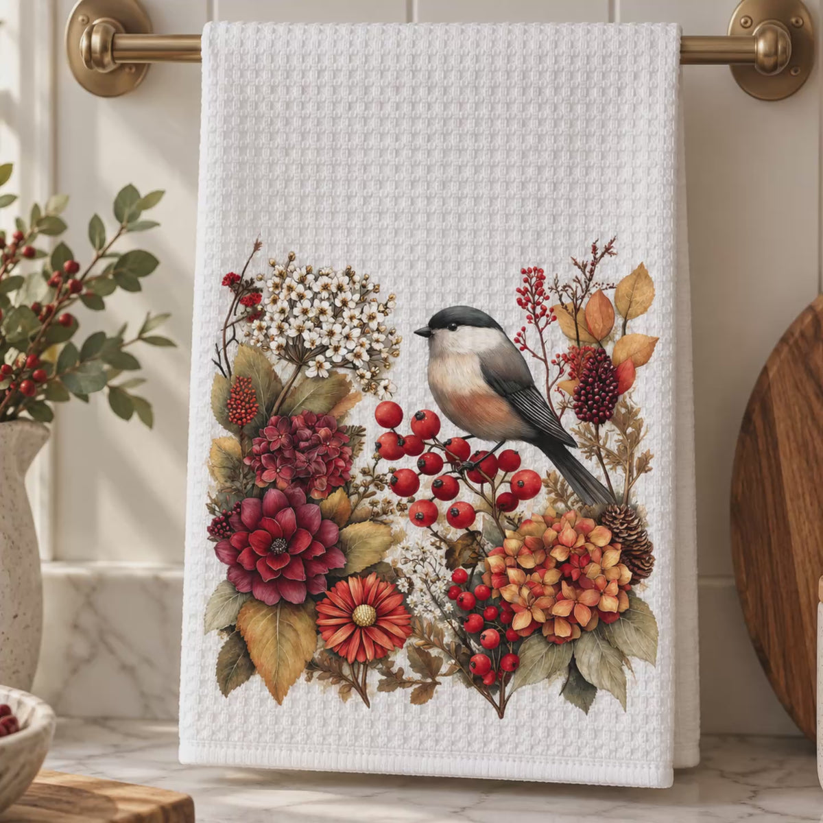 Autumn Chickadee Waffle Kitchen Towel